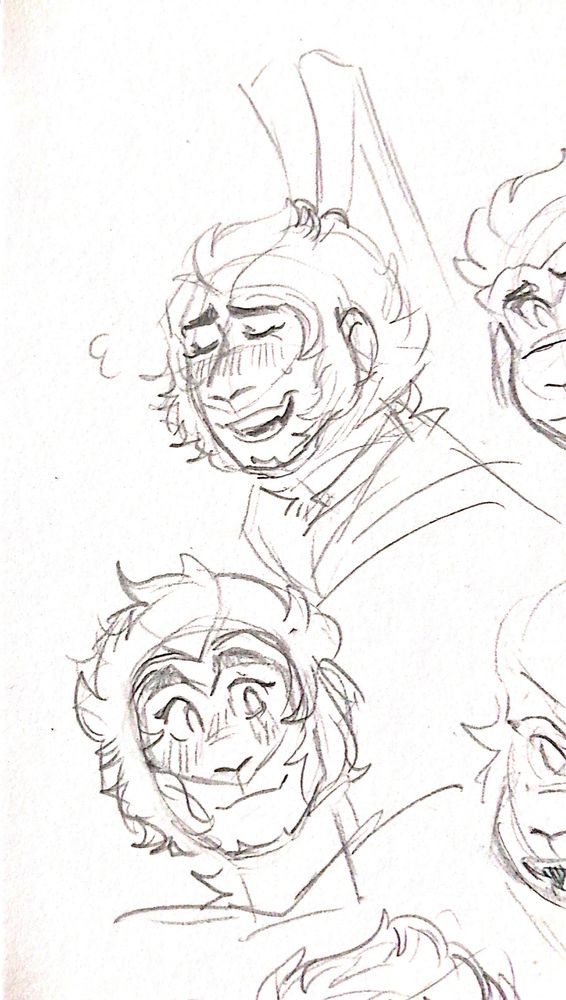 Sketch doodles of sun wukong from lego monkey kid, top drawing has his eyes closed and letting out a sigh with a grin while the bottom drawing has a calm smile 