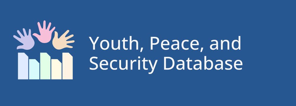 A logo that reads 'Youth, Peace, and Security Database' next to a stylised image of three hands above five rectangles indicating a set of documents. The image is rainbow and on a dark blue background