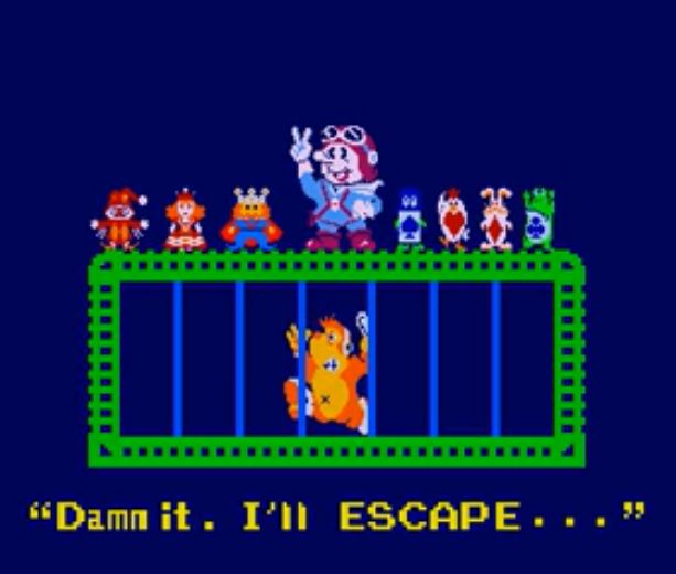 Level completion scene from Sky Skipper with a gorilla in a cage saying "Damn it. I'll ESCAPE..."