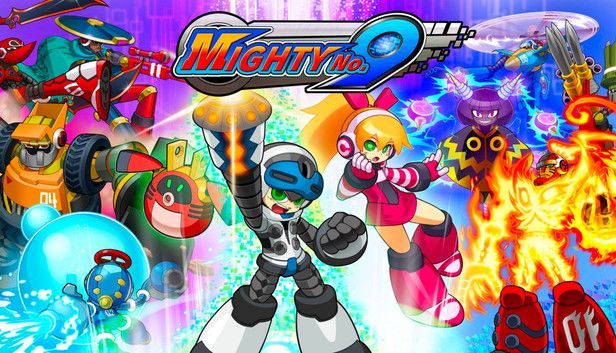 Mighty No. 9 splash screen featuring all the robot characters in the game