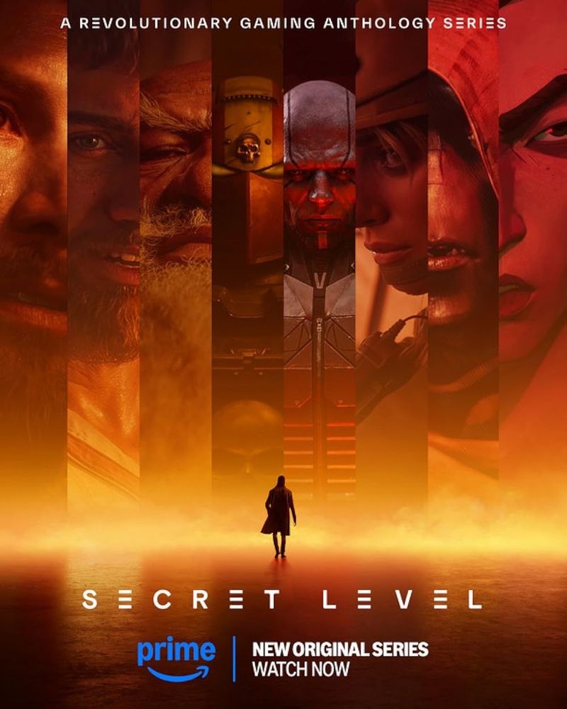 A promotional image for the Amazon Prime anthology series Secret Level. Several characters from various episodes are respected in vertical slices of art.