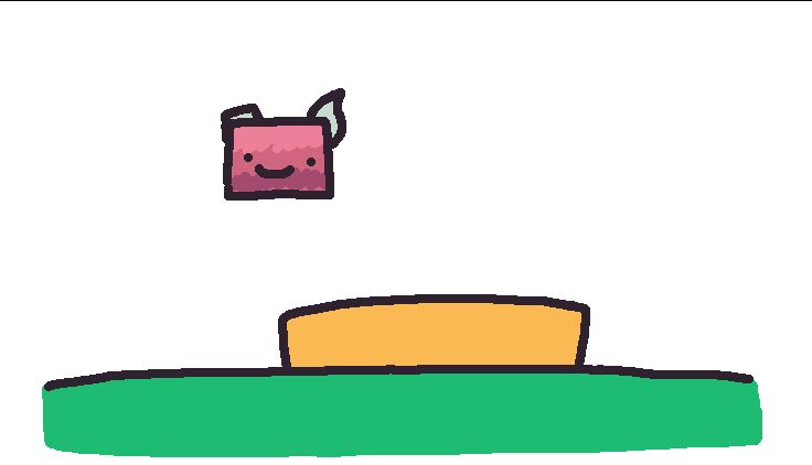 a pinkish gradient square with Rez's horns is above a green floor that has a yellow rectangle upon it. this is a reference to the "Feelin Blue" game on scratch, and it's many many spinoffs