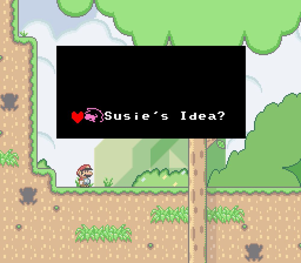 The opening of the Super Mario World creepypasta hack "'the" (also known as "Coronation Day"), but the "again?" text is replaced with "Susie's Idea?", complete with the "partner act with susie" icon from Deltarune