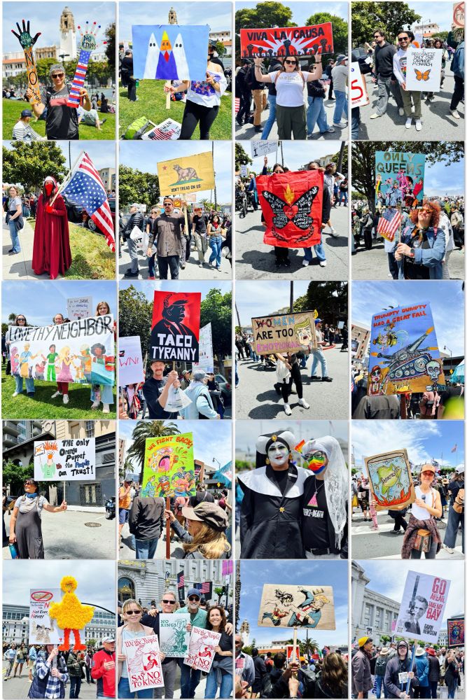 Protesters in San Francisco holding various signs mocking Donald Trump and letting him know we want no kings in this country