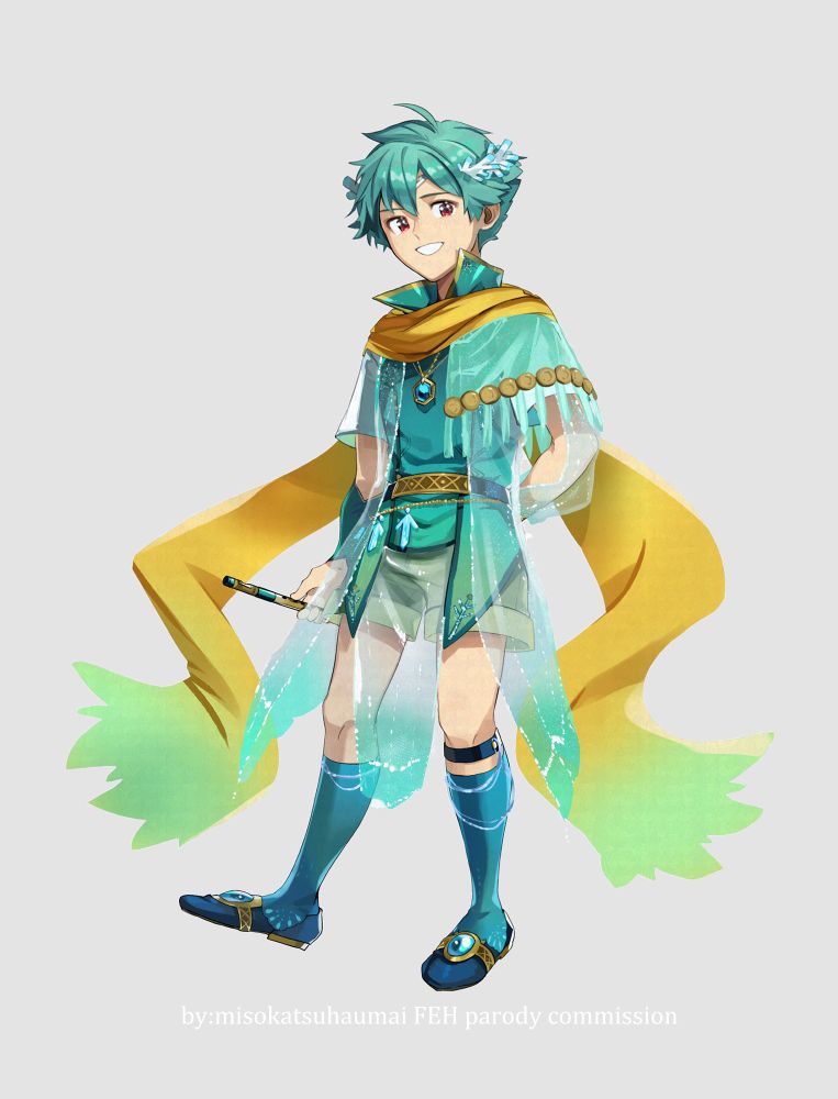 my drawing. Parody of Fire Emblem Heroes sprite. Nils but in a special attire that resembles that of Brave!Ninian's outfit theme-wise. silhouette wise it is a grandioso version of his og attire. 
fullbody, fullcolor, standing pose. he is smiling to the camera/viewer calmly.
