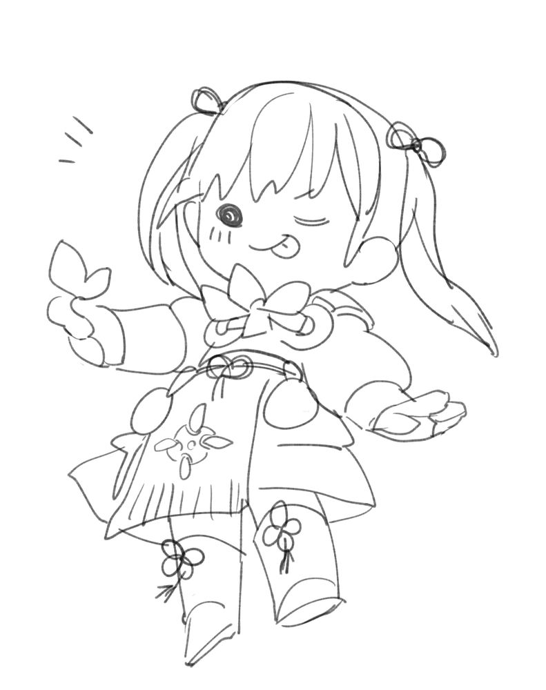 my poorly drawn chibi illustration of Midori from Fire Emblem Fates. B/W sketch lineart. She is holding a leaf in her right hand and doing her signature winky face as if to show off. She is happy that she has this herb.
