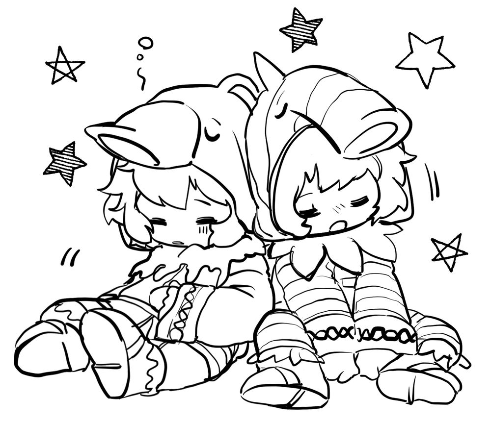 My poorly drawn chibi sketch of their version of two morgans(FE:A) who are young children. B/W lineart, fullbody. They are resting onto each other.