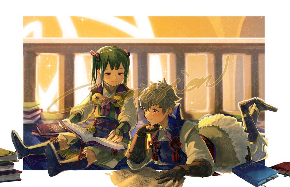 My illustration of Kiragi（キサラギ） and Midori(ミドリコ) (,Kisamido/キサミド,) 
 from Fire Emblem Fates (FEif). They are at the library in the FEH Askr castle, sitting on the floor and reading books together in the sunset.

Kiragi is reading a map spread out on the floor, lying down. Midori leans over to show Kiragi a passage from the book she was reading beside him. They are smiling and looking happy together. A lot of books surround the two, implying they have spent all day reading together. Midori's side of books are pretty organized, while the books on Kiragi's side are a little bit all over the place. 