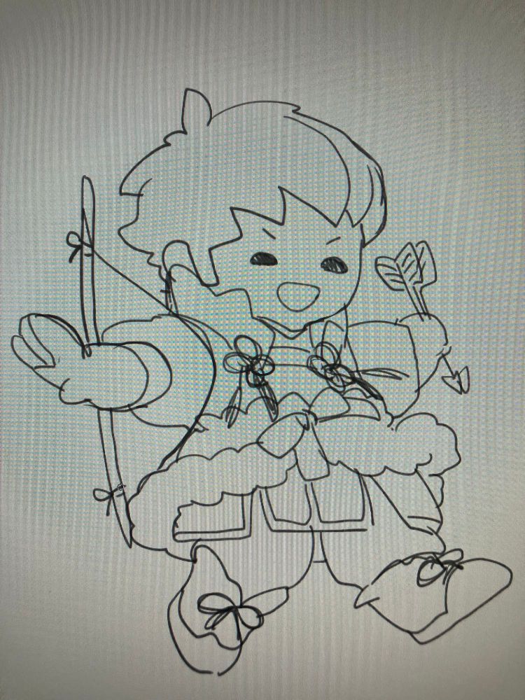 A photo that shows PC screen that shows poorly drawn chibi sketch of Kiragi fire emblem. Full body. He is happily running. He has a bow and arrows in his hands. 