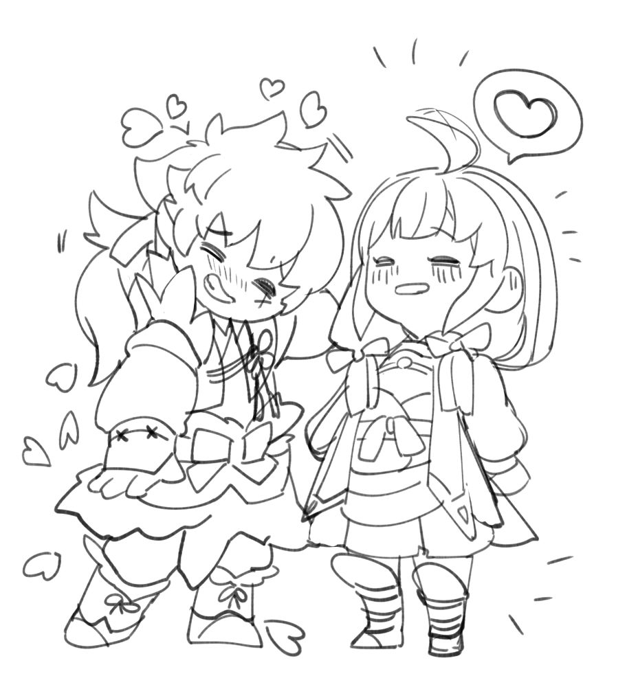 My poorly drawn chibi sketch of their take on TimeSkip Kiragi and Midori of Fire Emblem Fates. B/W lineart. Fullbody. Midori said something romantic/nice and Kiragi is smiling and giggling, overwhelmed by the happiness. Both look very happy and smiley.