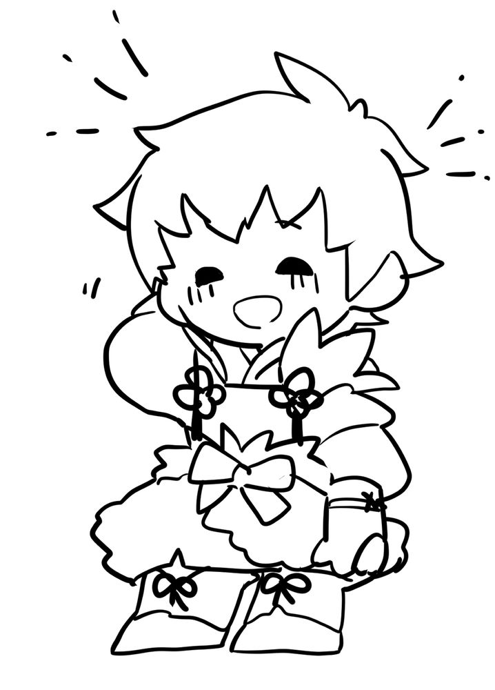 Kiragi (from Fire Emblem Fates) Chibi fullbody image. B/W Sketch of Kiragi looking flattered and happy by the compliments