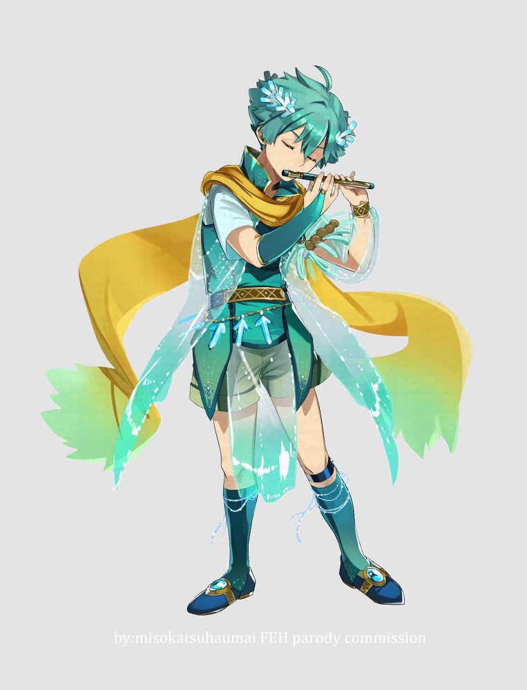 my drawing of Nils fire emblem. FEH sprite parody, attack pose. he is closing his eyes, and playing his flute.