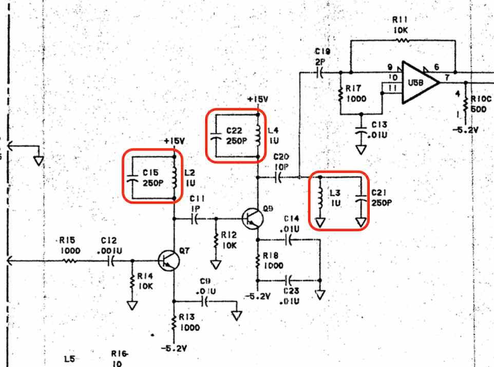 Schematic of the 5 MHz/10 MHz to 10 MHz clock circuit of the HP 5370A. 3 10 MHz LC tanks are marked in red.