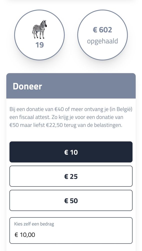 Screenshot van webpagina waarop je ziet dat 19 mensen doneerden en dit een totaal van 602 euro gaf. Ook de opties tot doneren van verschillende bedragen staat aangegeven. Vanaf 40 euro een fiscaal attest te verkrijgen.