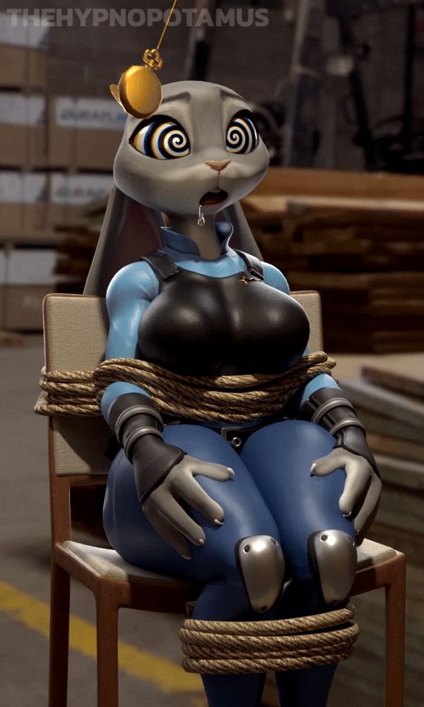 Judy Hopps, tied up and hypnotized with pocket watch, spirally-eyed and drooly