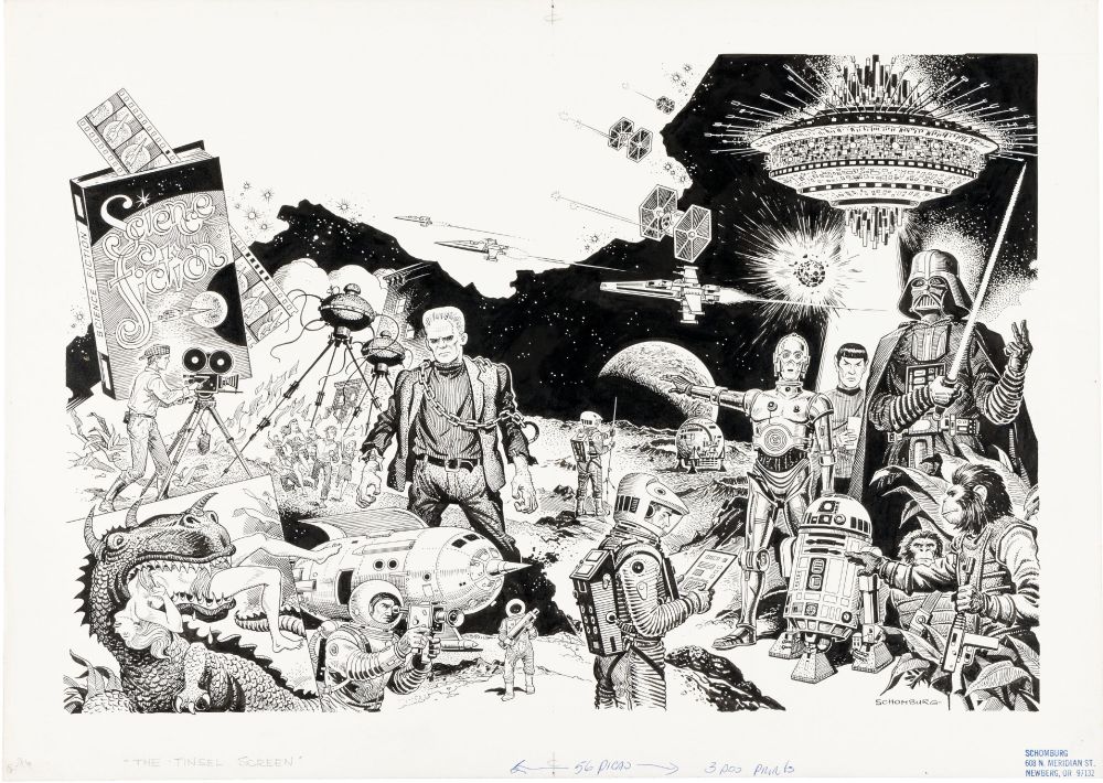 Isaac Asimov's Science Fiction Magazine (February, 1980)

Interior Two-Page Illustration Original Art by Alex Schomburg (Davis Publications, 1980). Sci-fi movie characters including: Darth Vader, C-3PO and R2-D2 from Star Wars, Mr. Spock from Star Trek, chimpanzee soldiers from Planet of the Apes, spacesuits from 2001: A Space Odyssey, the alien craft from Close Encounters of the Third Kind, Frankenstein's monster, andthe War of the Worlds Martian tripods.