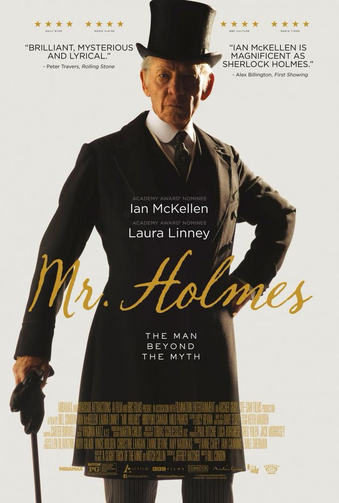 Movie poster for "Mr. Holmes" (2015) starring Ian McKellan and Laura Linney