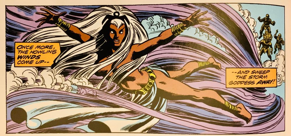 Panel of a topless Ororo being hoisted aloft by the wind as she summons a storm for some villagers in GSXM #1. Art by Dave Cockrum