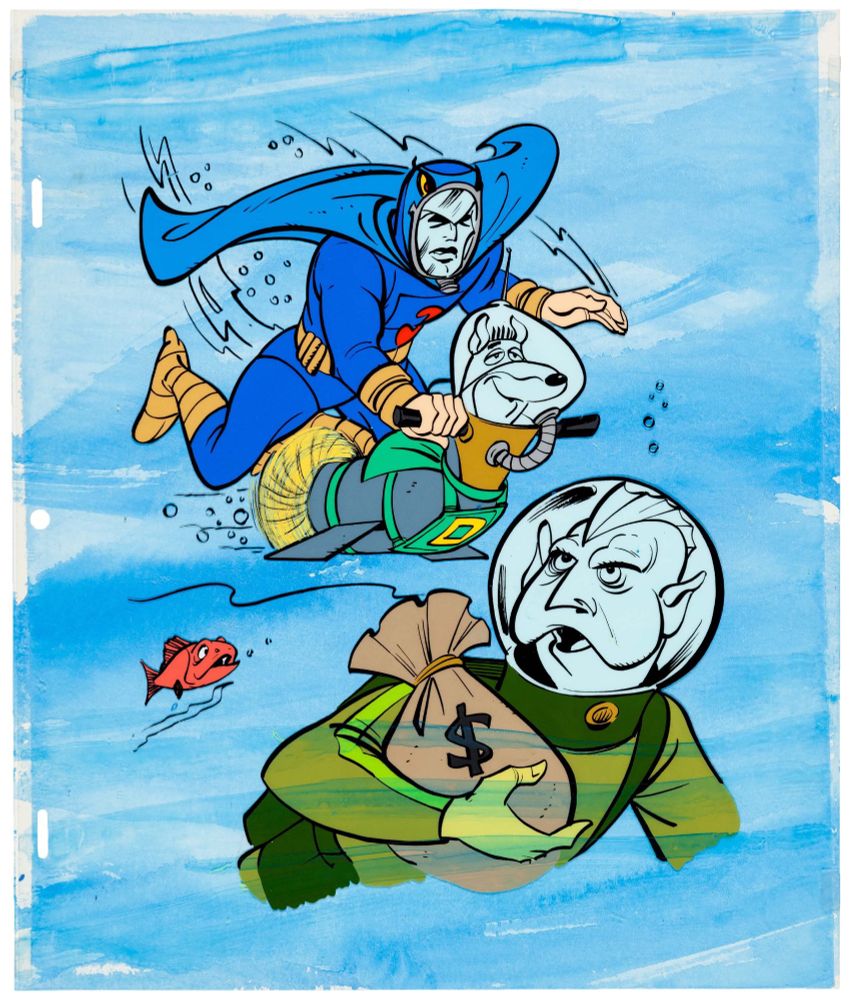 Publicity cel and background for The Scooby-Doo/Dynomutt Hour. Pictured: Blue Falcon and Dynomutt pursuing an underwater theif (1976)