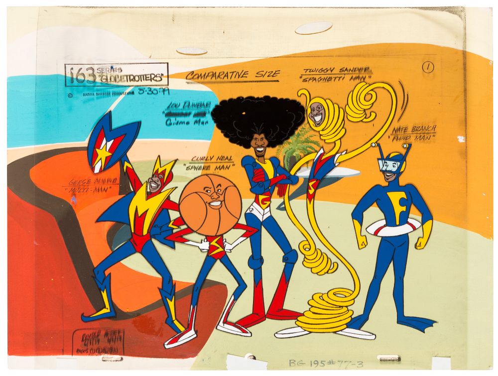 Hanna-Barbera's "The Super Globetrotters" color model cels on production background (1979)