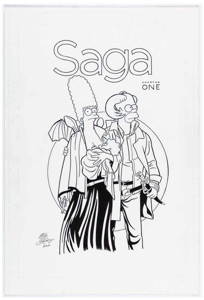 Black and white drawing of Homer, Marge and Maggie Simpson as Marko, Alana and Hazel from Saga.