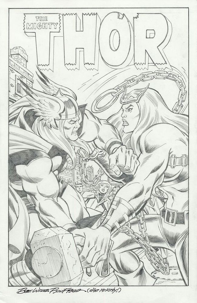 Thor #126 homage pencil drawing with Thor and Enchantress by Ron Frenz