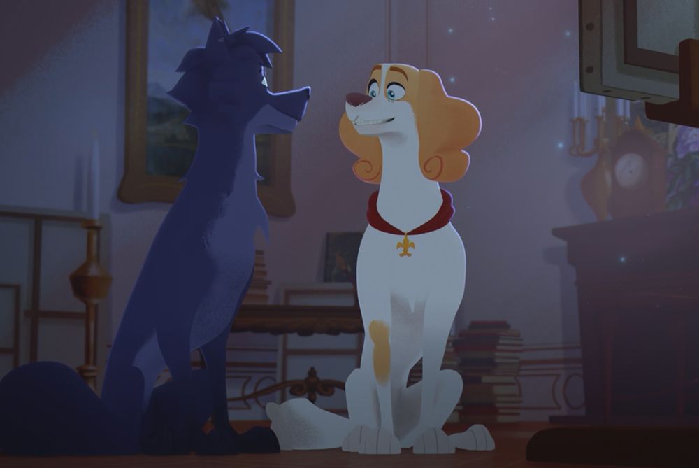 Lupin and Belfort the Spaniel are sharing a moment in a hazily-lit room, the faint sunlight outlining them. Dust motes float in the air