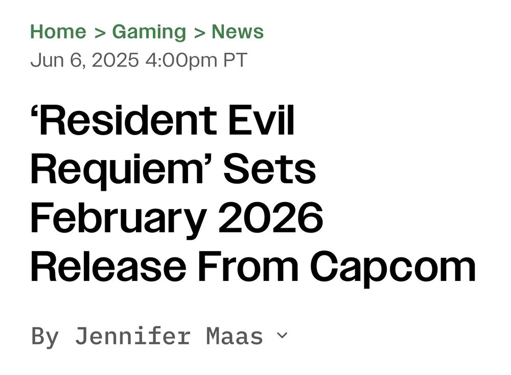 A headline from Variety: "Resident Evil Requiem sets February 2026 release from Capcom"