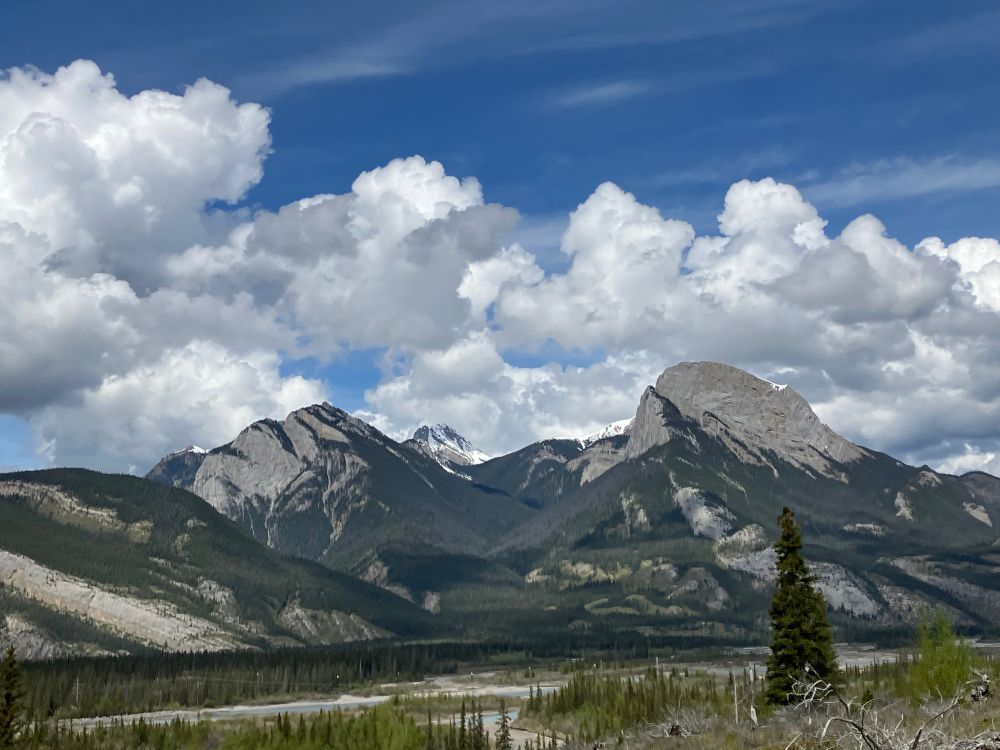 Mountain scenery. Meadow down below with tall Rocky Mountain peaks in the distance below big billowing clouds