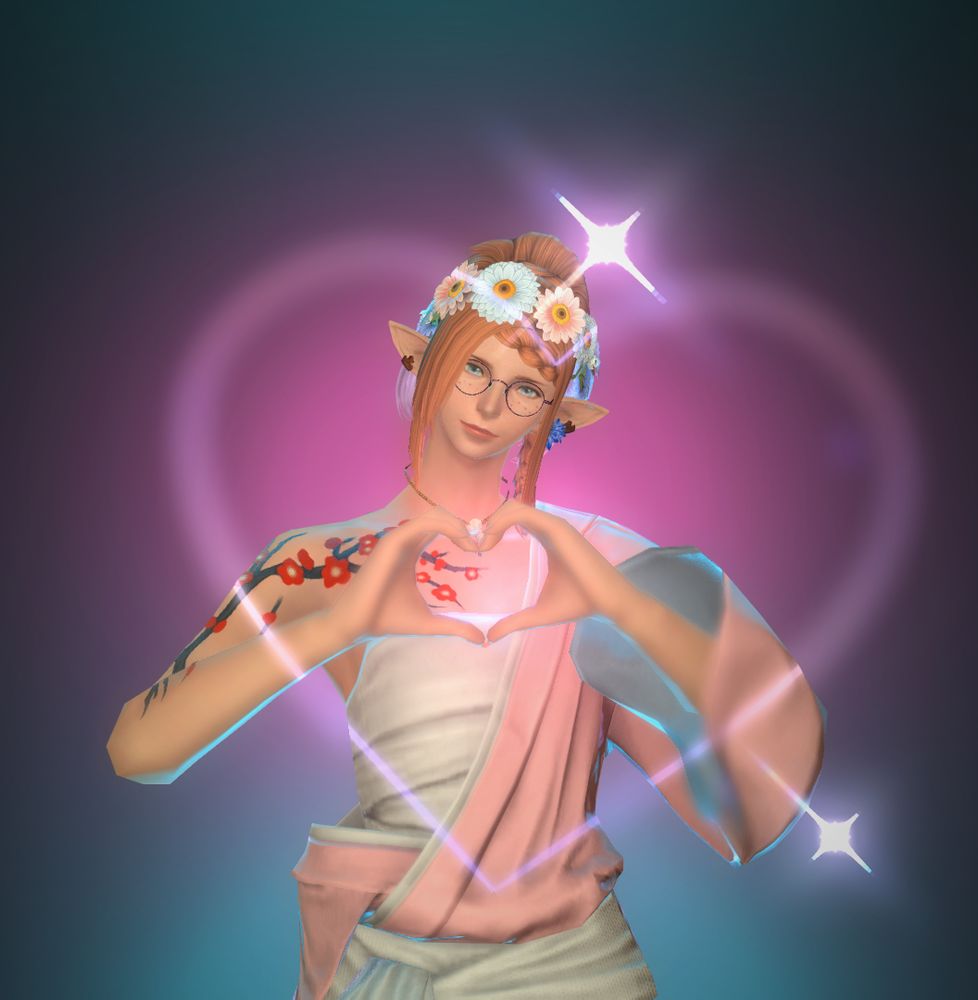 an Elezen character from the critically acclaimed MMORPG Final Fantasy 14 poses with her hands in the shape of a heart