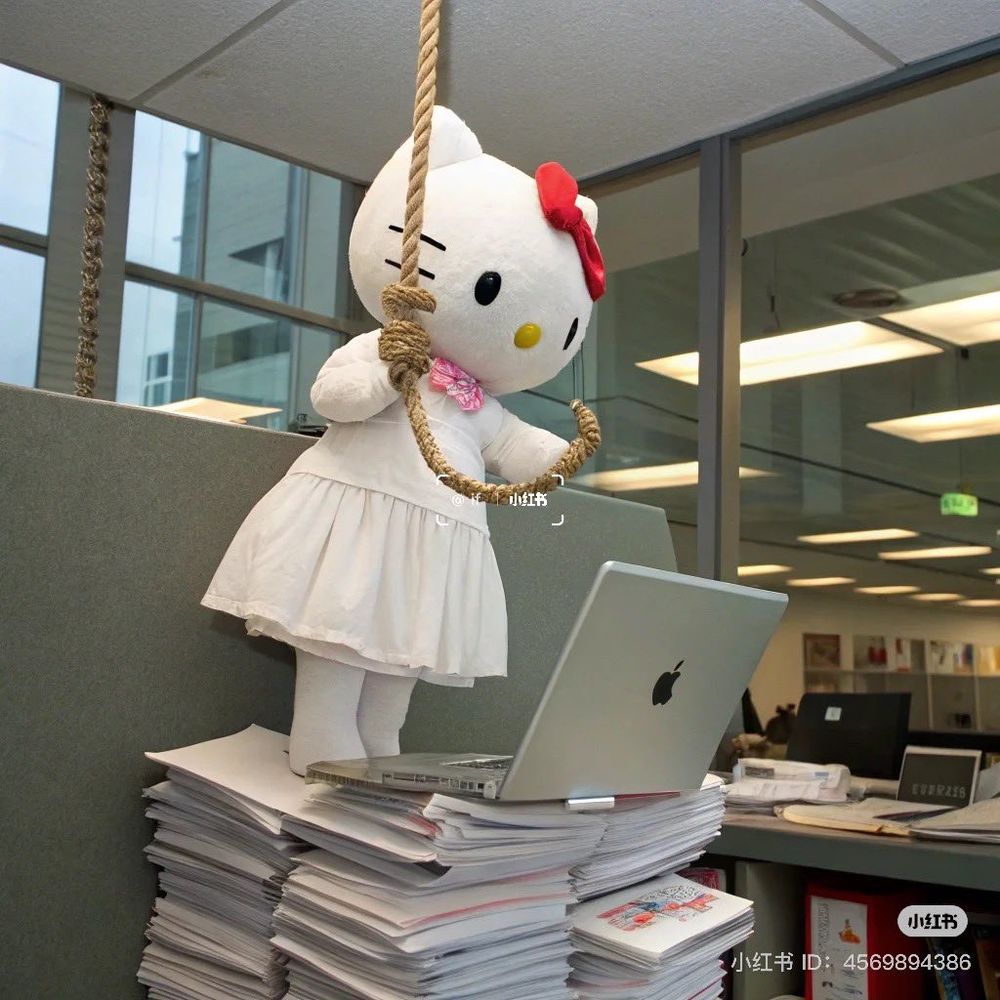 hello kitty standing on a bunch of documents with a laptop and a noose 