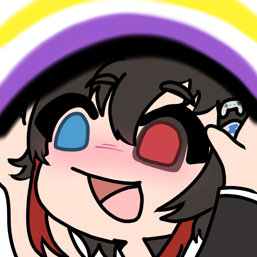 EdgyBoxVT, a fair skinned person with black hair with two red framing sections, they have one blue eye (right) and one red eye with black sclera (left) has their hands up creating a rainbow between them using the nonbinary flag colors 
