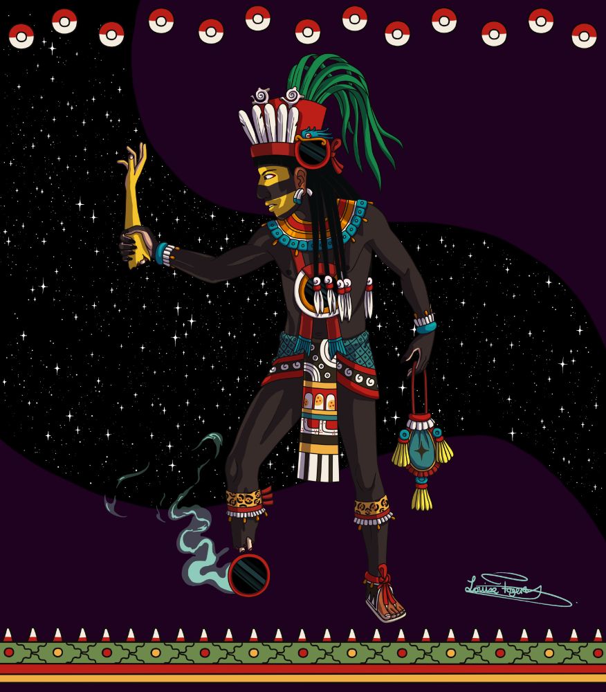 The deity Tezcatlipoca casts a spell with the forearm of a woman who has died in childbirth 