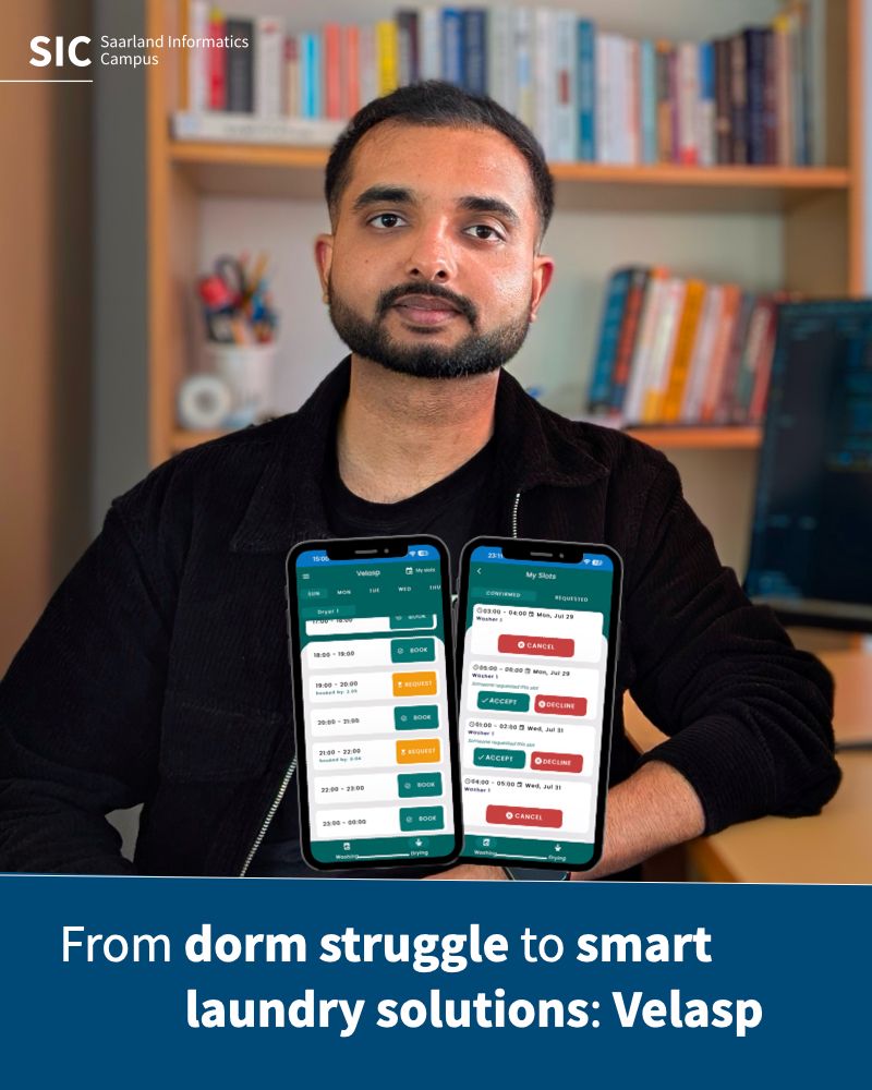 Alakshendra Singh, a CS student at SIC and co-founder of Velasp, standing next to a computer.
