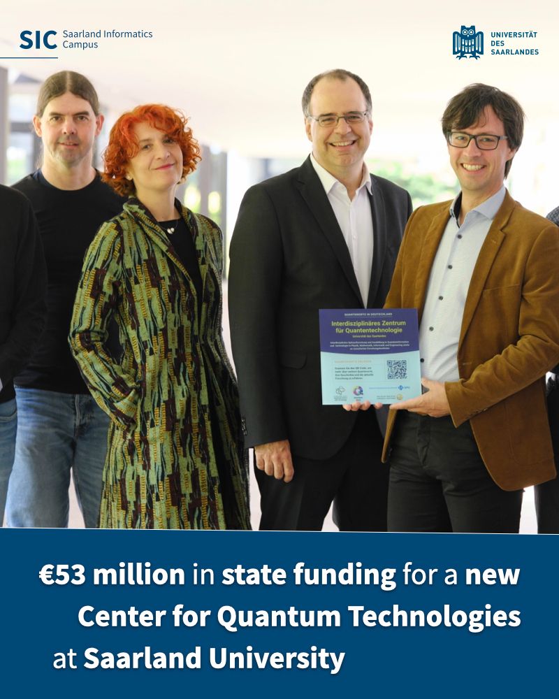 The leadership team of the new Center for Quantum Technologies, representing the fields of physics, mathematics, and computer science (from left to right): Peter P. Orth, Markus Bläser, Giovanna Morigi, Frank Wilhelm-Mauch, Moritz Weber, Jürgen Eschner, and Christoph Becher. Not pictured: Jonas Haferkamp, who is also part of the leadership team.