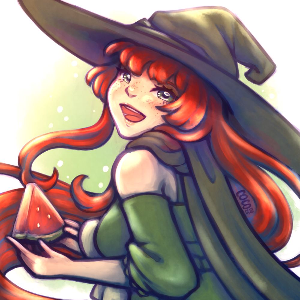 Green witch with red long hair holding a watermelon looking back over her shoulder, inviting you to a slice 