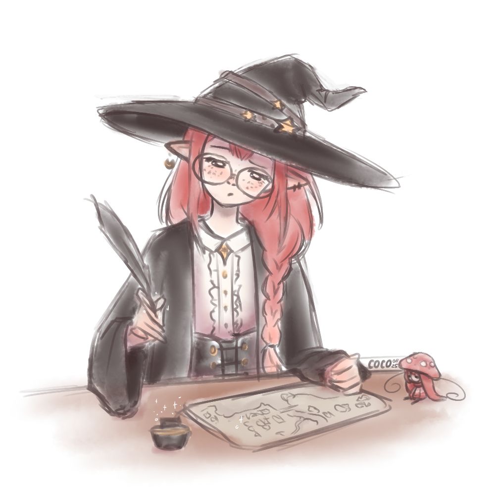 a red haired witch with a black cloak and witch hat holding a writing feather and looking at a drawn map witch a skeptical expression. next to the map is sitting a little mushroomfairy