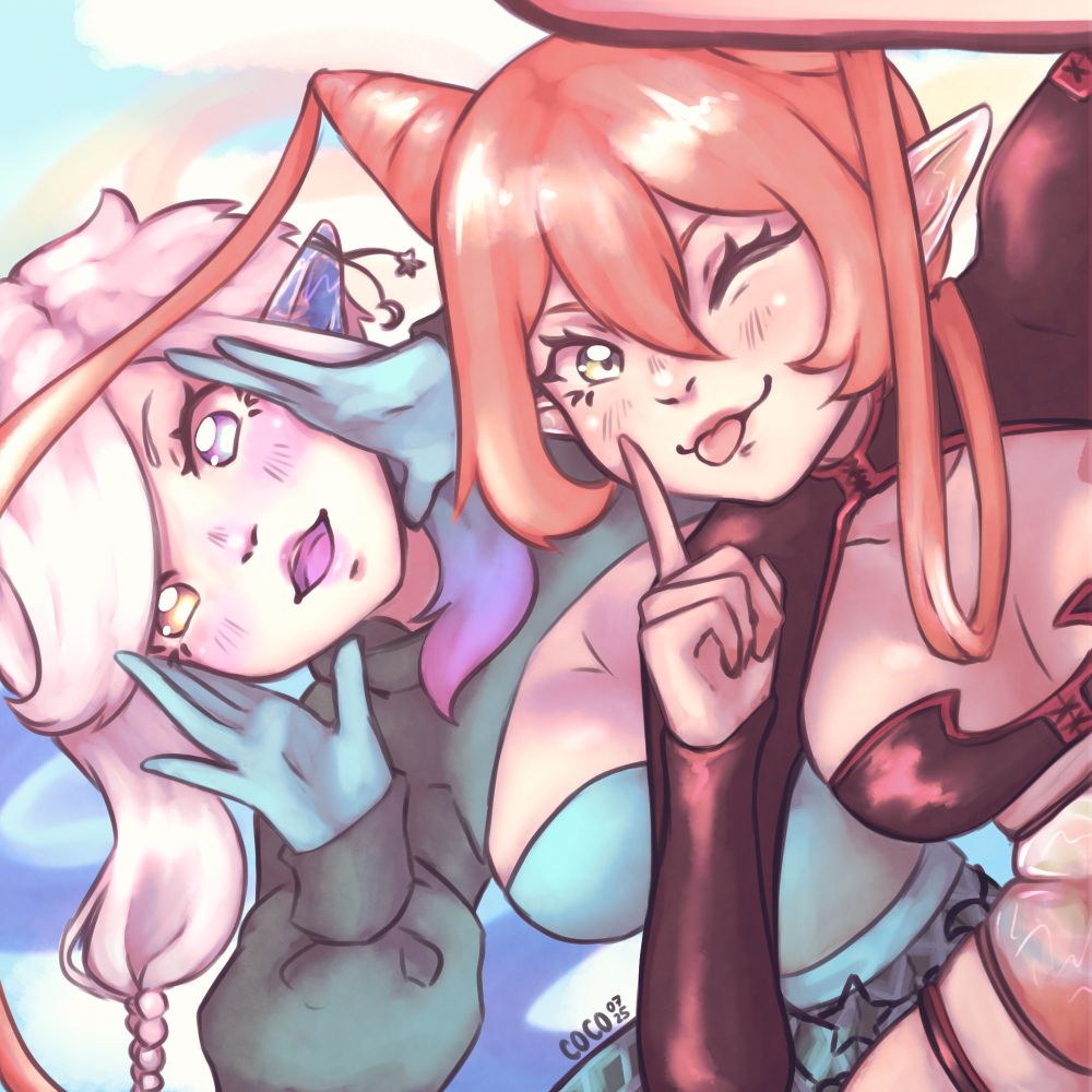 two woman posing for a selfie. the one on/in the left/back is holding her hands right and left next to her face as if she's shouting, she wears blue gloves and has a white hairstyle. the one on/in the right/front shows her tounge with a cheeky wink and is holding her pointyfinger on her cheek, the other hand is holding probably the mobile phone cause you can still see a bit of her other hand on the top-right. both have pointy ears and bellys made of glass with colored sand in it cause they are from a species called somniocris.