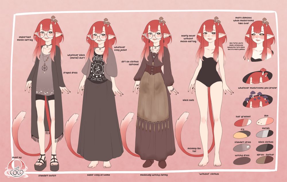 line up of 3 different outfits of my vtuber plus a version with just underwear. on the sheet there are different descriptions on it as well as the basecolors in the lower right corner