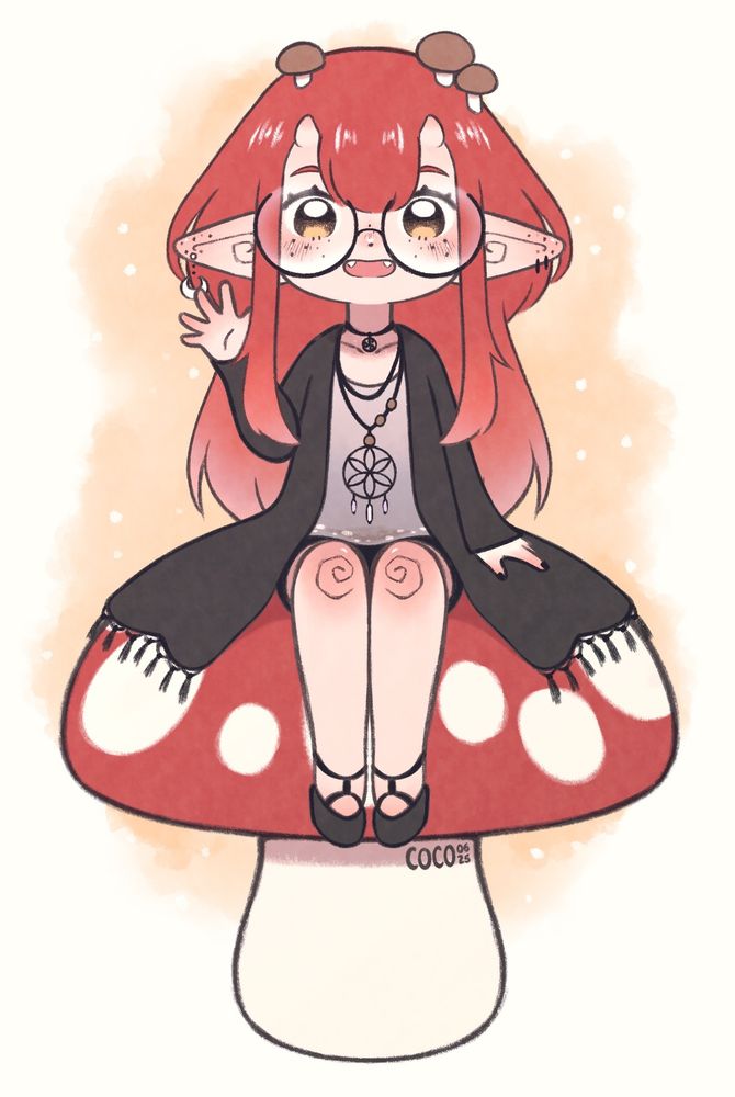 Chibi of my vtuber sitting on a mushroom 
