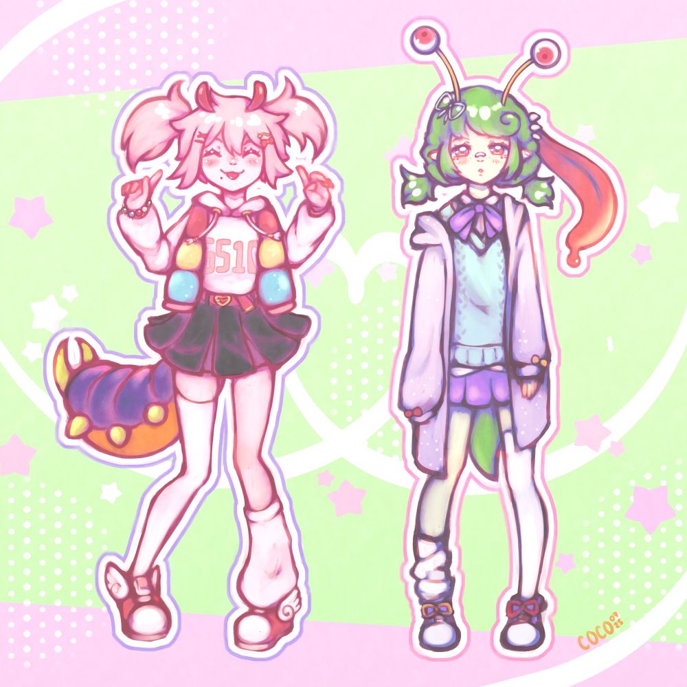 2 girls with alien like features and stylish clothes, the right one poses very energetic, the left one rather aloof and spaced out, both characters belong to Rplmko on other socials 