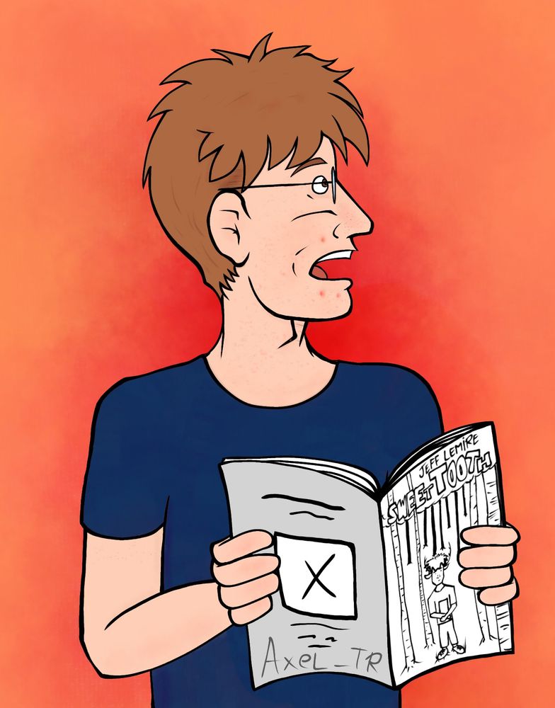 Bill Dickey from the Eltingville Club reading the cómic Sweet tooth
