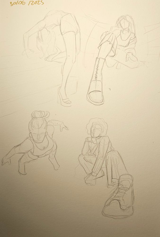 4 different pencil sketches that focus on foreshortening, especially with having legs extended to the front with the 2 right one 

