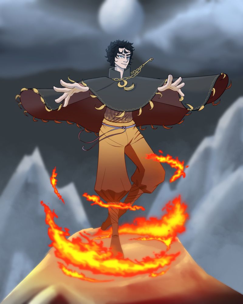 Shay Keenthorn standing on a mounten casting fire magic