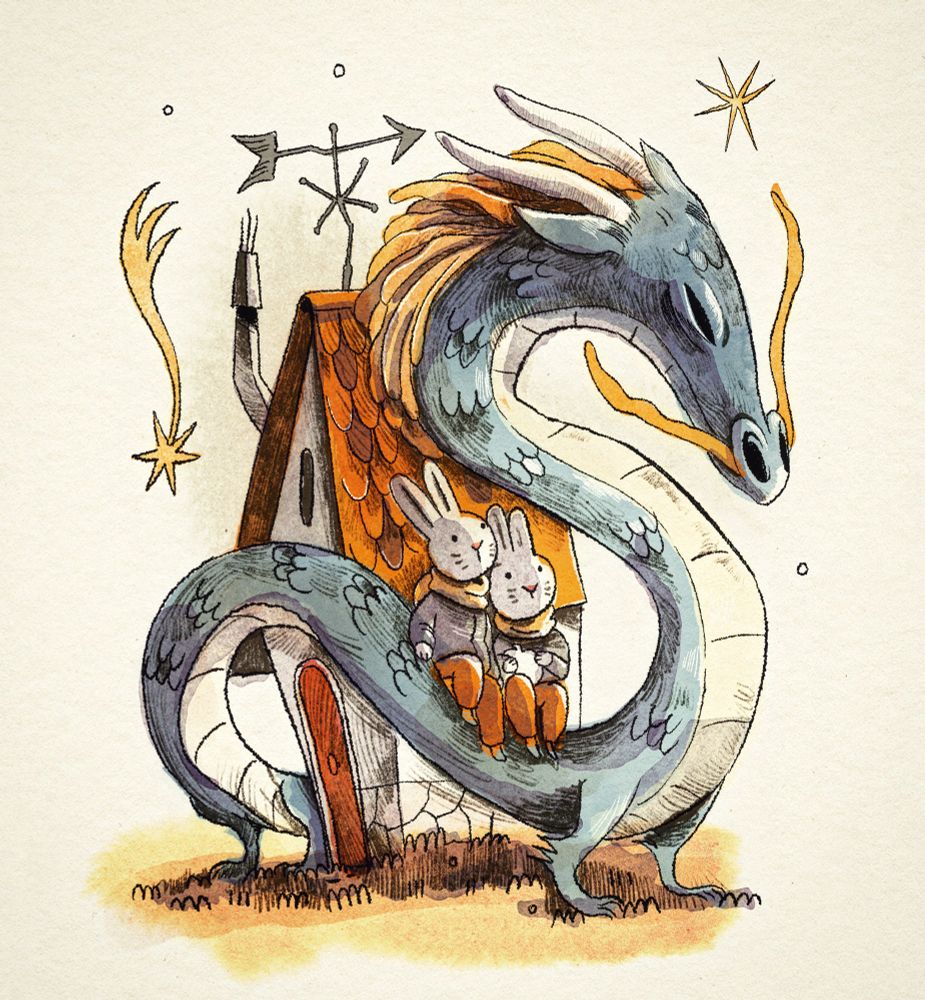 Dragon surrounds wooden house , two bunnies on his back.