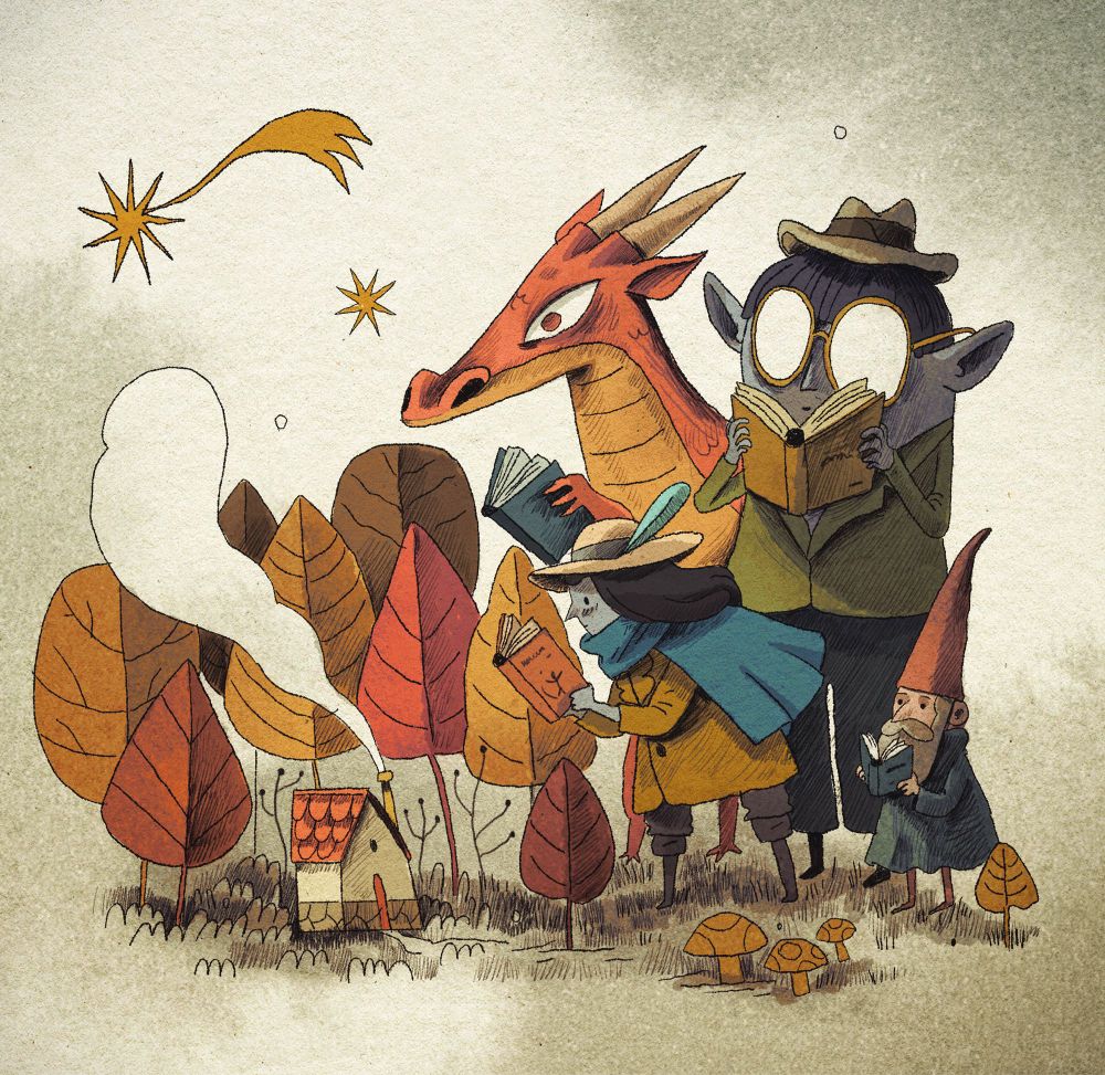 Four weird character reading in a forest, small house in the middle