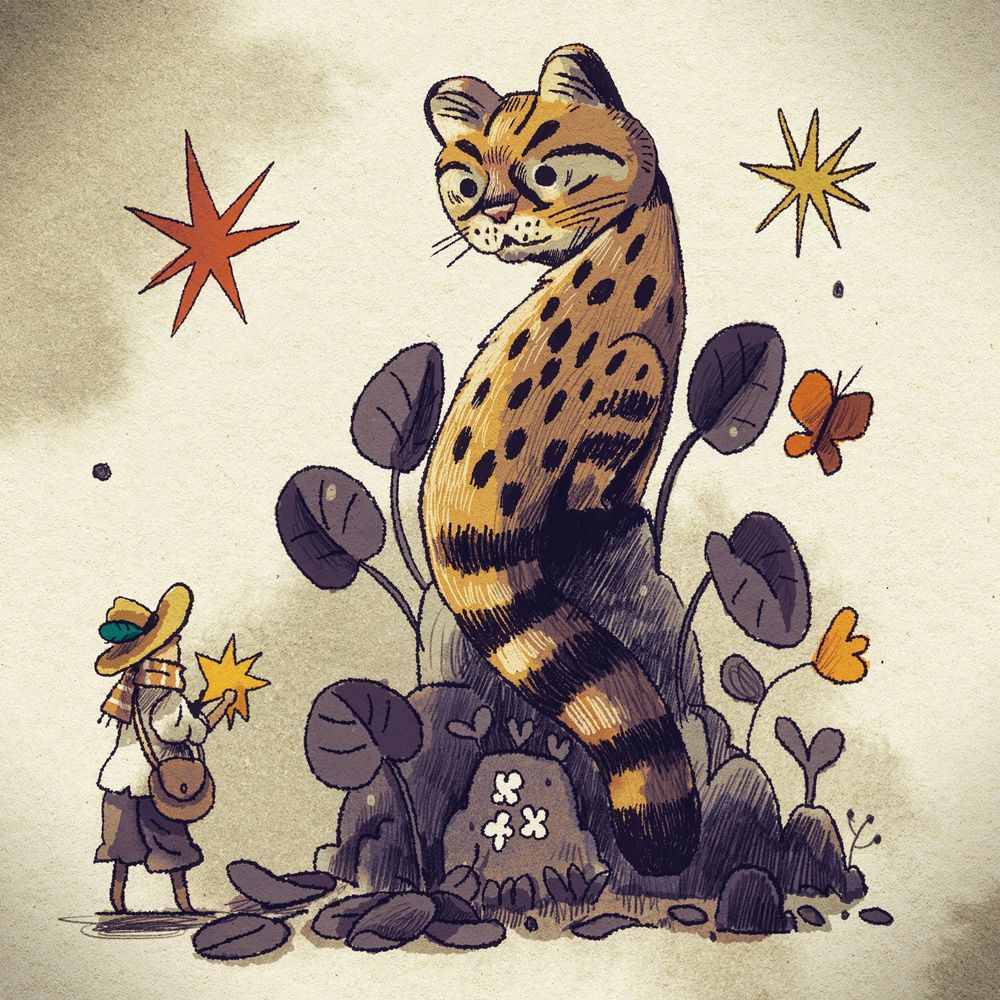 Man presenting star to giant cat