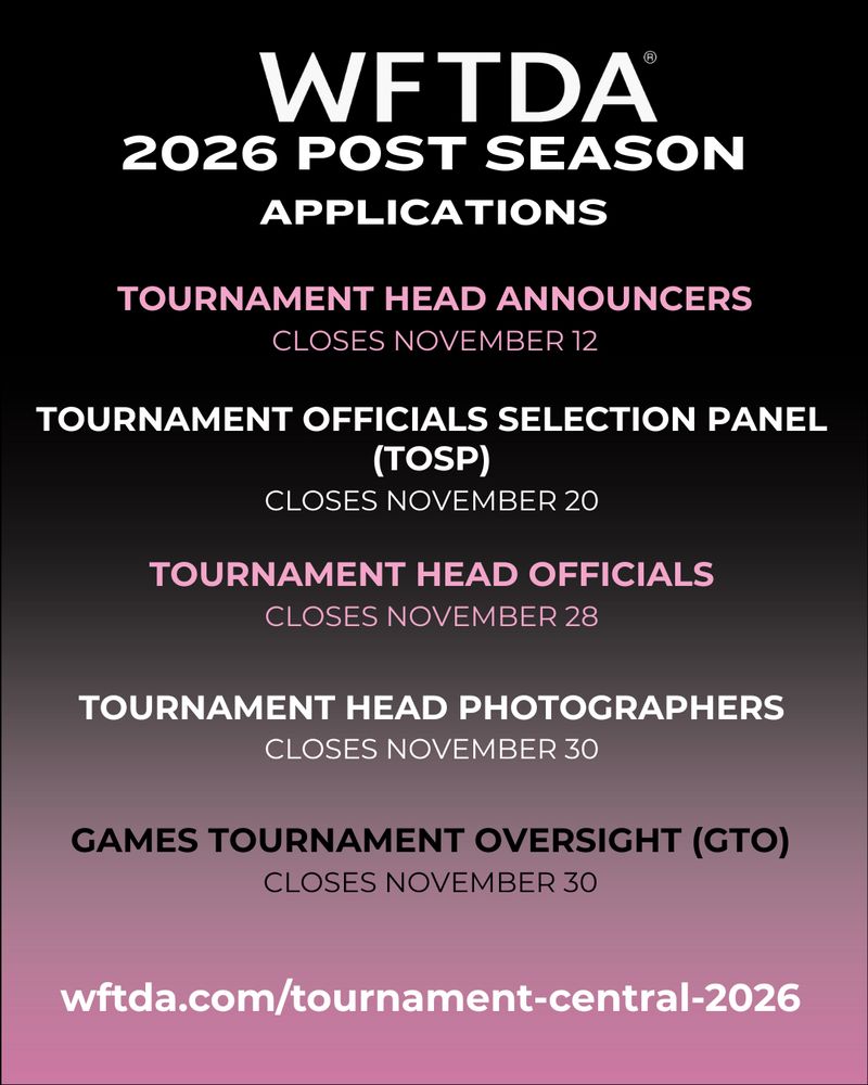 2026 POST SEASON
applications
TOURNAMENT HEAD ANNOUNCERS
CLOSES NOVEMBER 12
GAMES TOURNAMENT OVERSIGHT (GTO)
CLOSES NOVEMBER 30
TOURNAMENT HEAD OFFICIALS
CLOSES NOVEMBER 28
TOURNAMENT HEAD PHOTOGRAPHERS
CLOSES NOVEMBER 30
TOURNAMENT OFFICIALS SELECTION PANEL (TOSP)
CLOSES NOVEMBER 20
wftda.com/tournament-central-2026