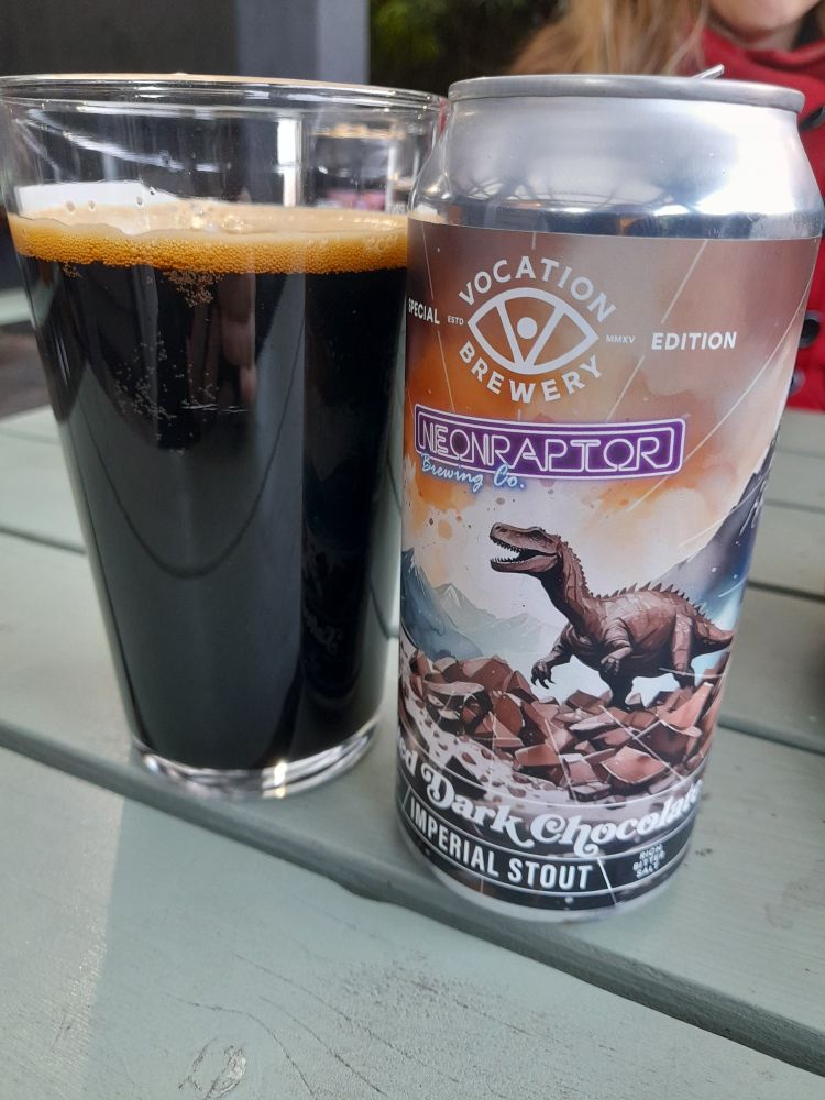 A pint glass filled with stout, on a table in a pub beer garden. Next to it is the can the beer is from - a collaboration between the Vocation and Neon Raptor breweries, a 10.8% imperial stout called Salted Dark Chocolate that tastes just like It Says On The Tin.