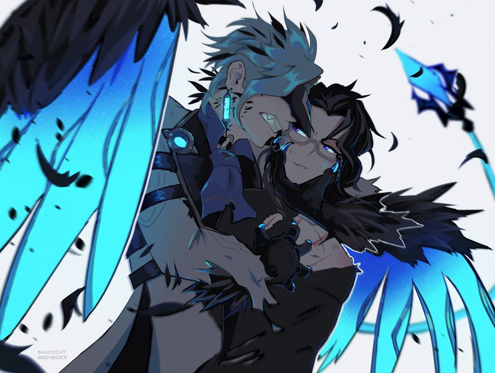 Image is of two characters from Genshin Impact: Il Dottore and Pantalone. Dottore has two, large wings with vibrant glowing feathers - blue in colour. Jagged black feathers are sprouting out of his cheek, neck, and arms. He's holding onto Pantalone from behind so the two are front-to-back. Dottore's talons are grabbing Pantalone by the jaw as well as tearing at his chest. Pantalone's clothing is tattered. Dottore is bearing his sharp teeth at Pantalone, while Pantalone merely gives him a coy glance back over his shoulder. Loose black feathers litter the air around them. #dottolone #genshinimpact